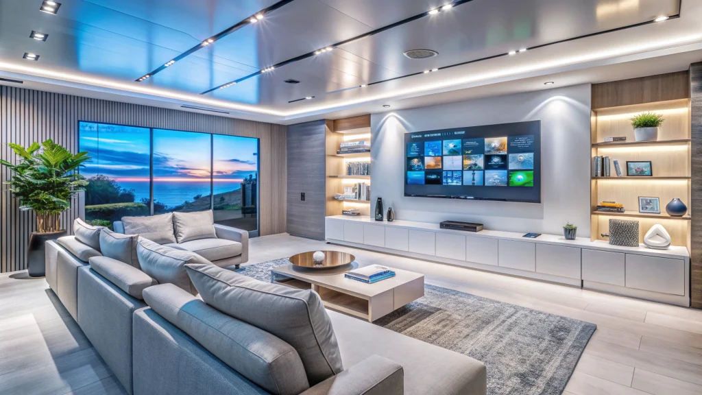 modern living room with large windows gray sofa tv